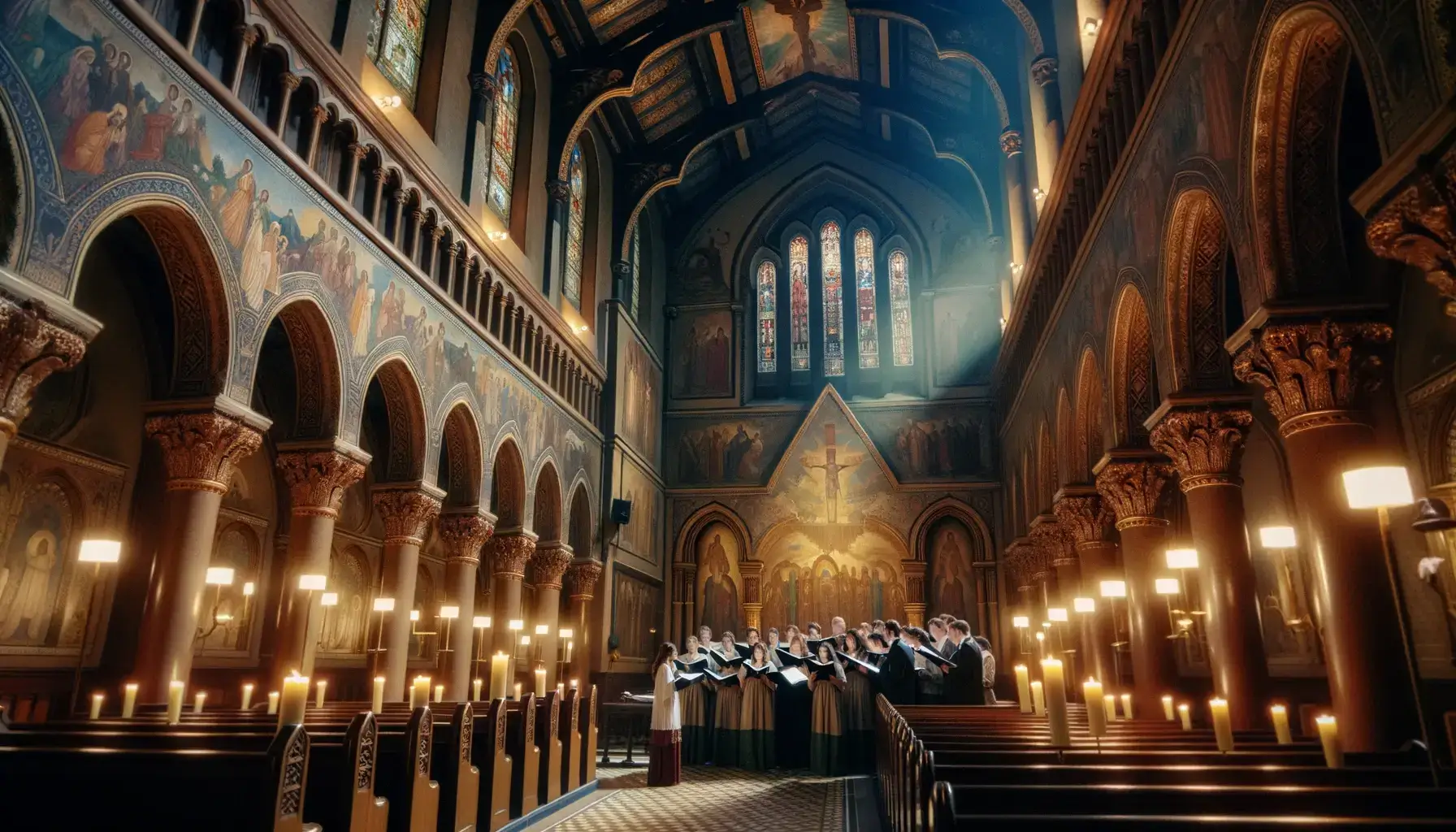 Interior de igreja com coral cantando músicas gospel iluminados por luz ambiente