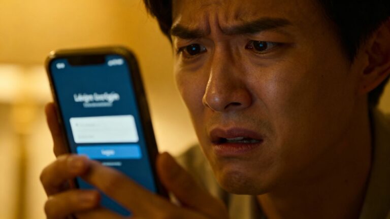 Pessoa frustrada com celular tentando acessar Facebook.