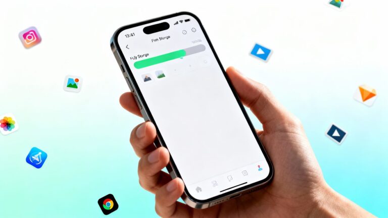 iPhone com espaço cheio e ícones de apps.
