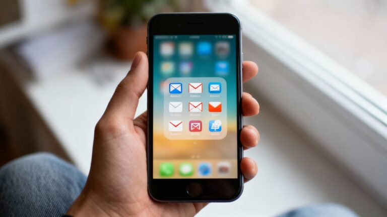 Celular com ícones de email na tela.