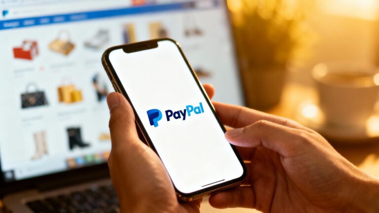 Mãos segurando celular com logo do PayPal.
