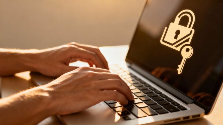 Mãos digitando em um teclado de laptop com ícone de cadeado.