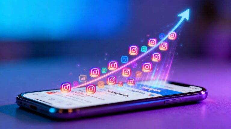 Crescimento de seguidores no Instagram com ícones coloridos.