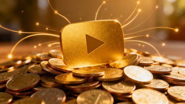 Botão do YouTube com moedas de ouro e luz.