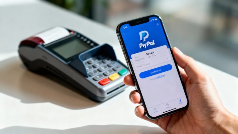 Mão segurando celular com app PayPal aberto