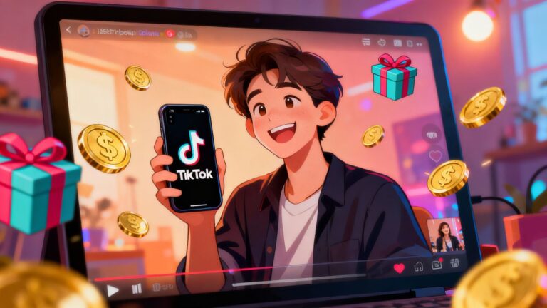 Criador sorrindo em live do TikTok com ícones de presentes.