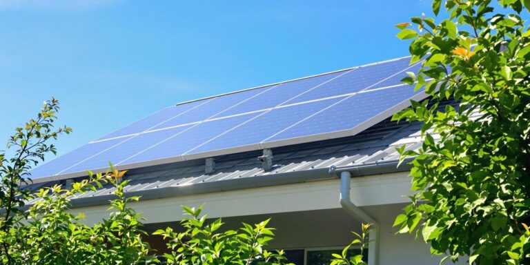 Fotografia de painéis solares modernos sob um céu azul brilhante claramente.