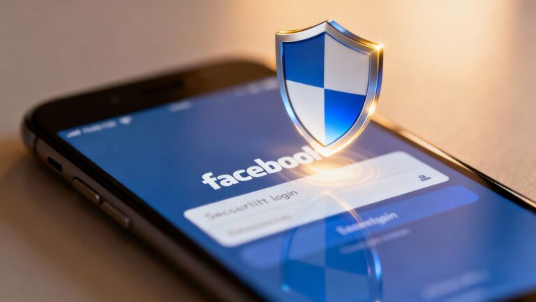 Ícone de escudo protegendo tela de login do Facebook.