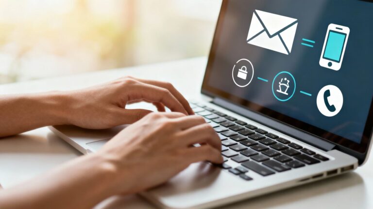 Mãos digitando em um teclado de laptop com ícones de e-mail e telefone.