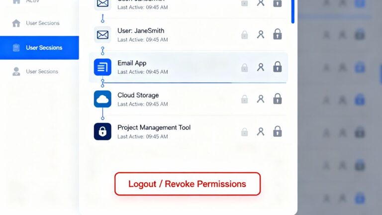 Interface de segurança com sessões e aplicativos conectados.