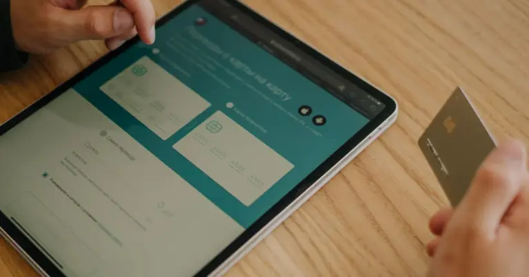 Mãos a fazer uma compra online usando um tablet e um cartão
